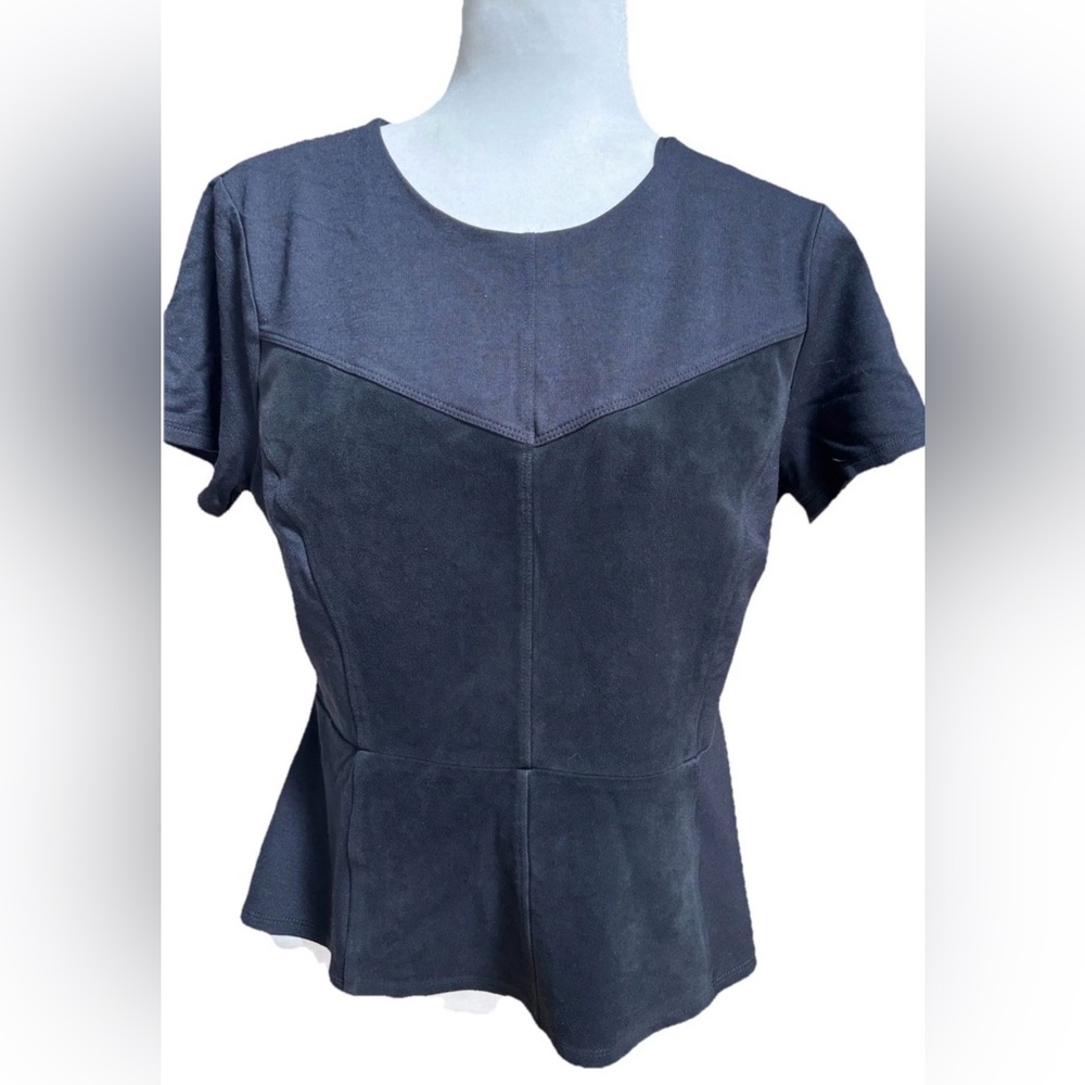 BCBG MaxAzria Denna Suede Fitted Black Peplum Top Women’s Size Large